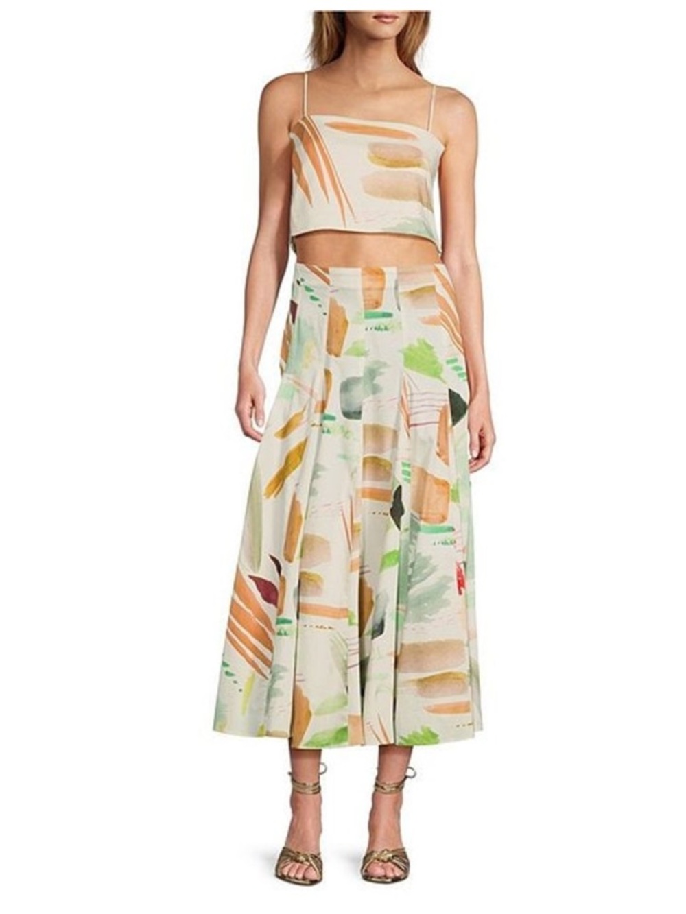 Antonio Melanie Abstract Brushstroke Two-Piece Set in White, Tan, Green 2